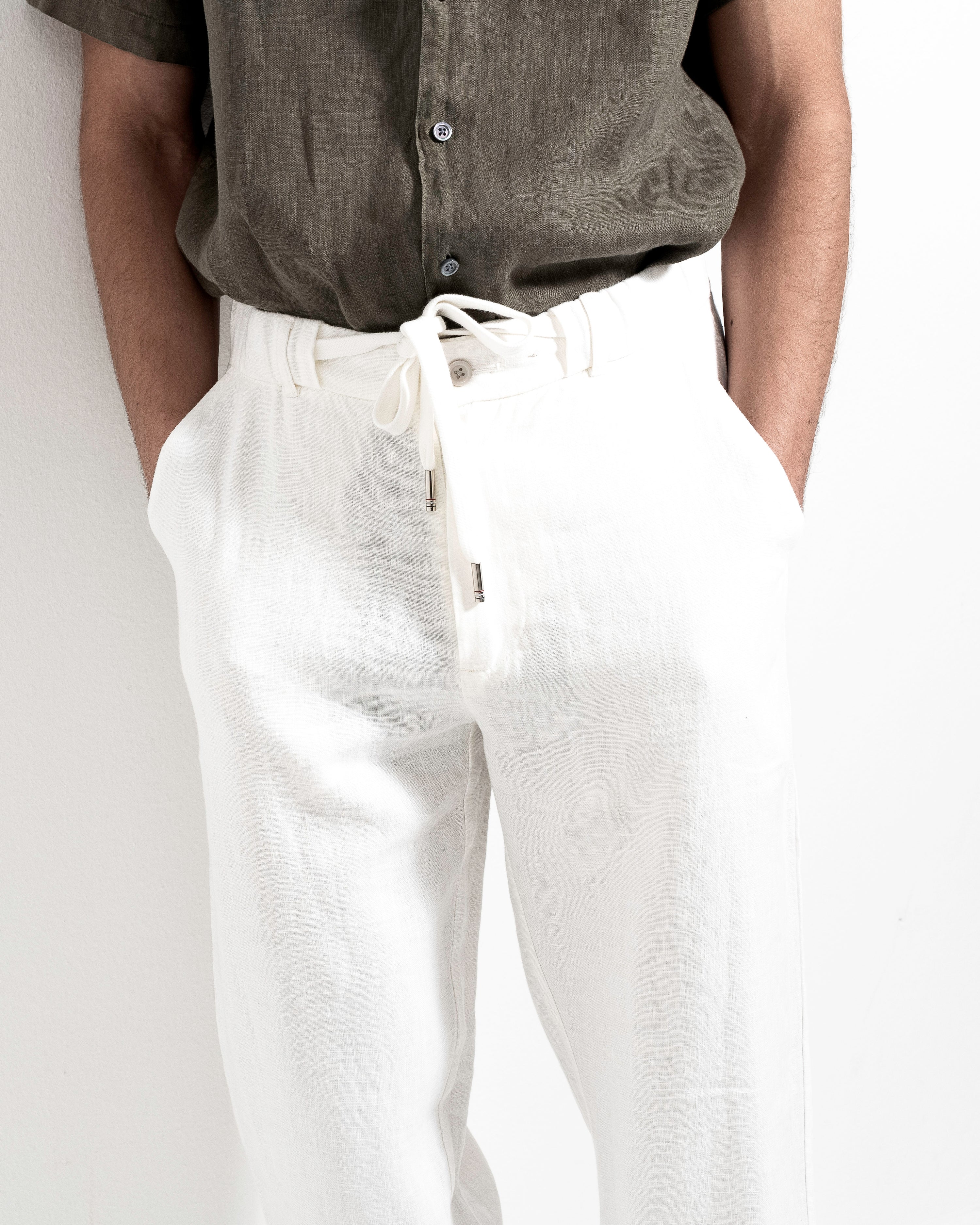 Linen Drawstring Trousers - White