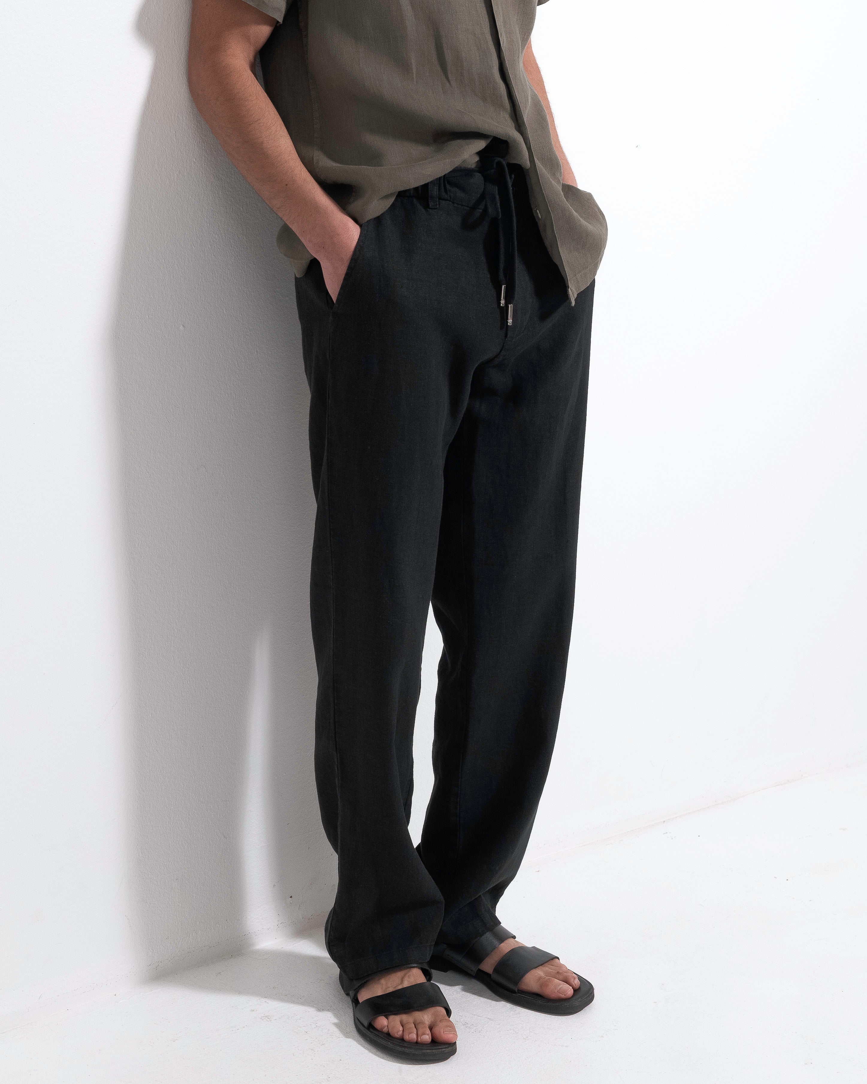 Linen Drawstring Trousers - Black