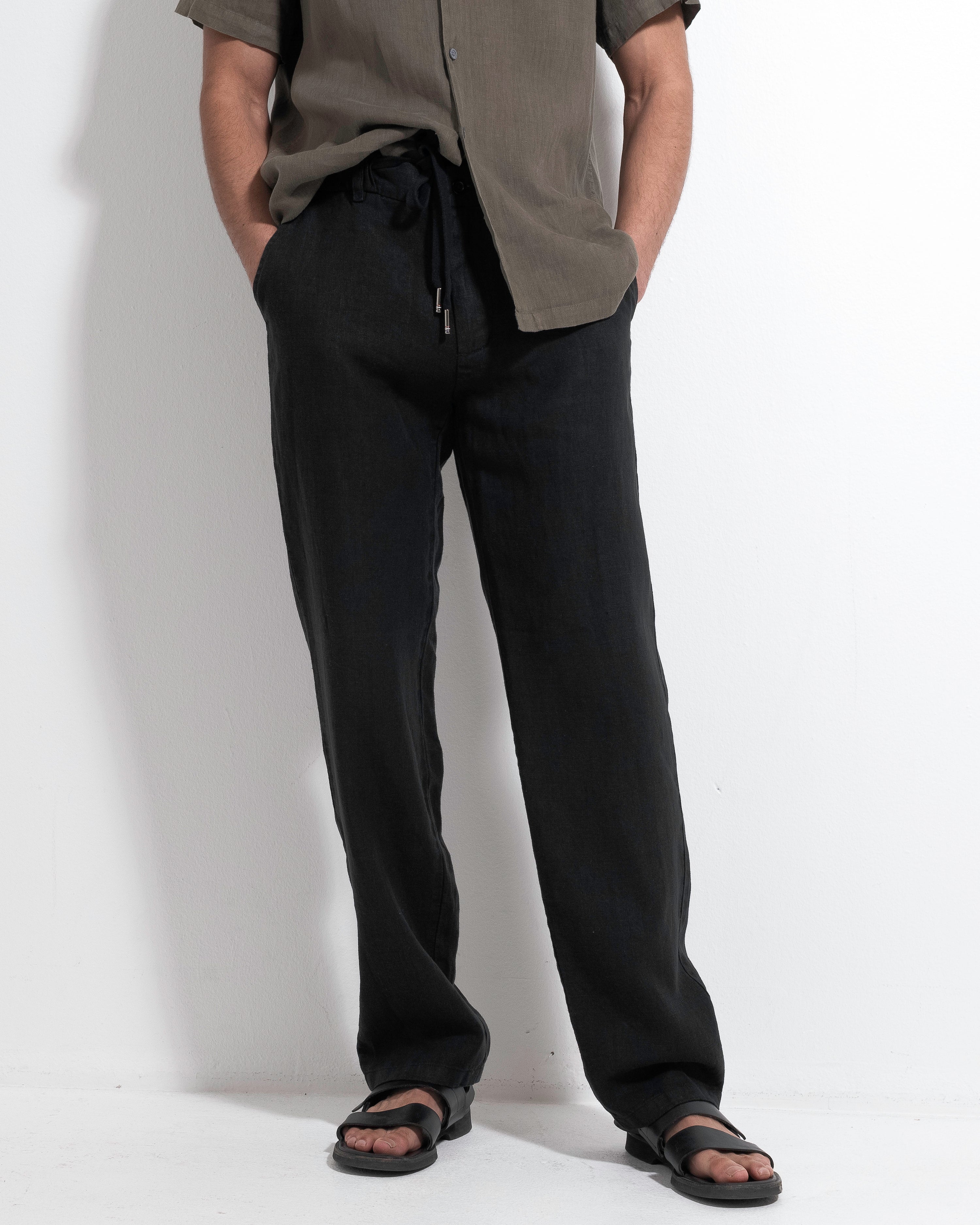 Linen Drawstring Trousers - Black