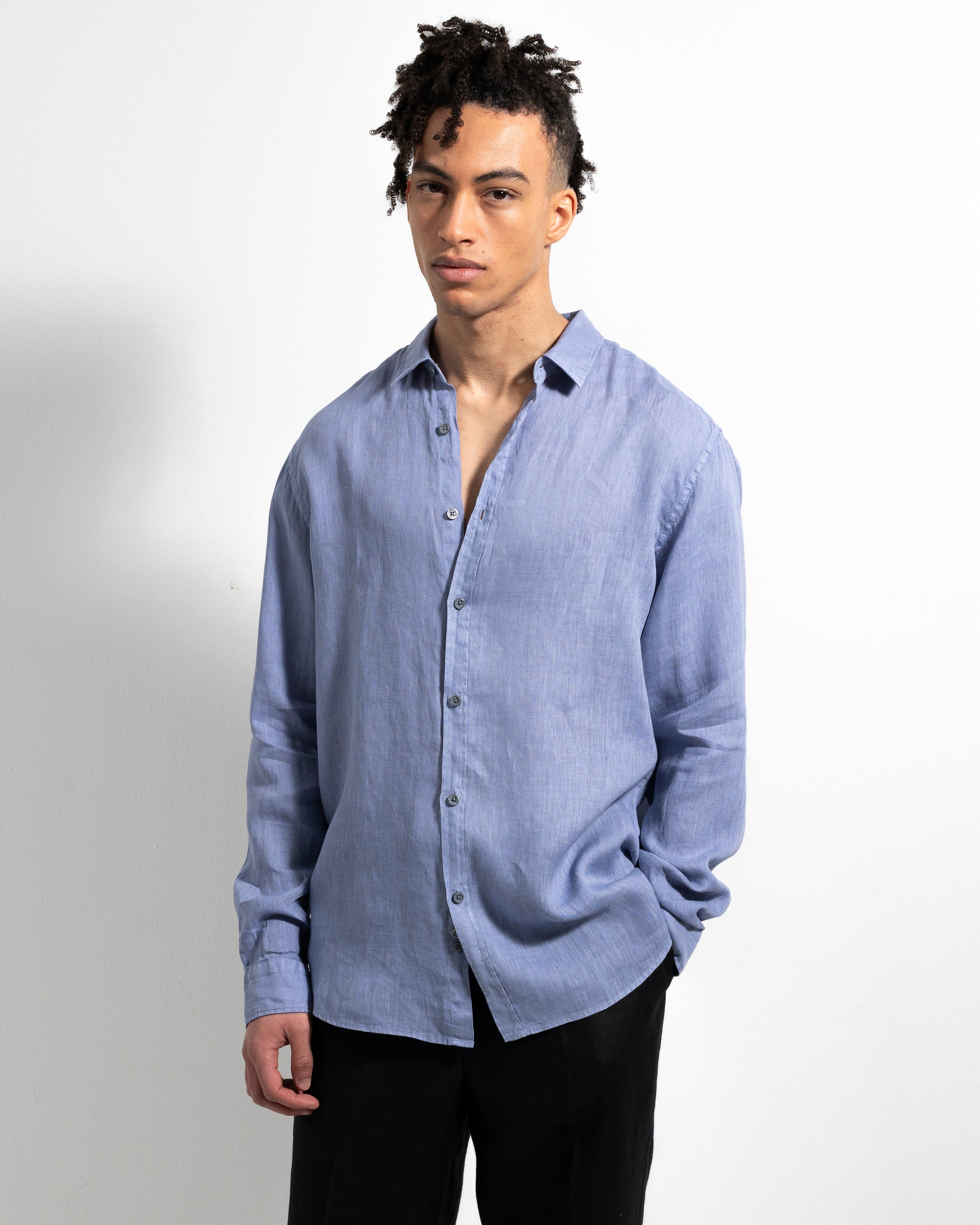 Washed Linen Shirt - Light Blue