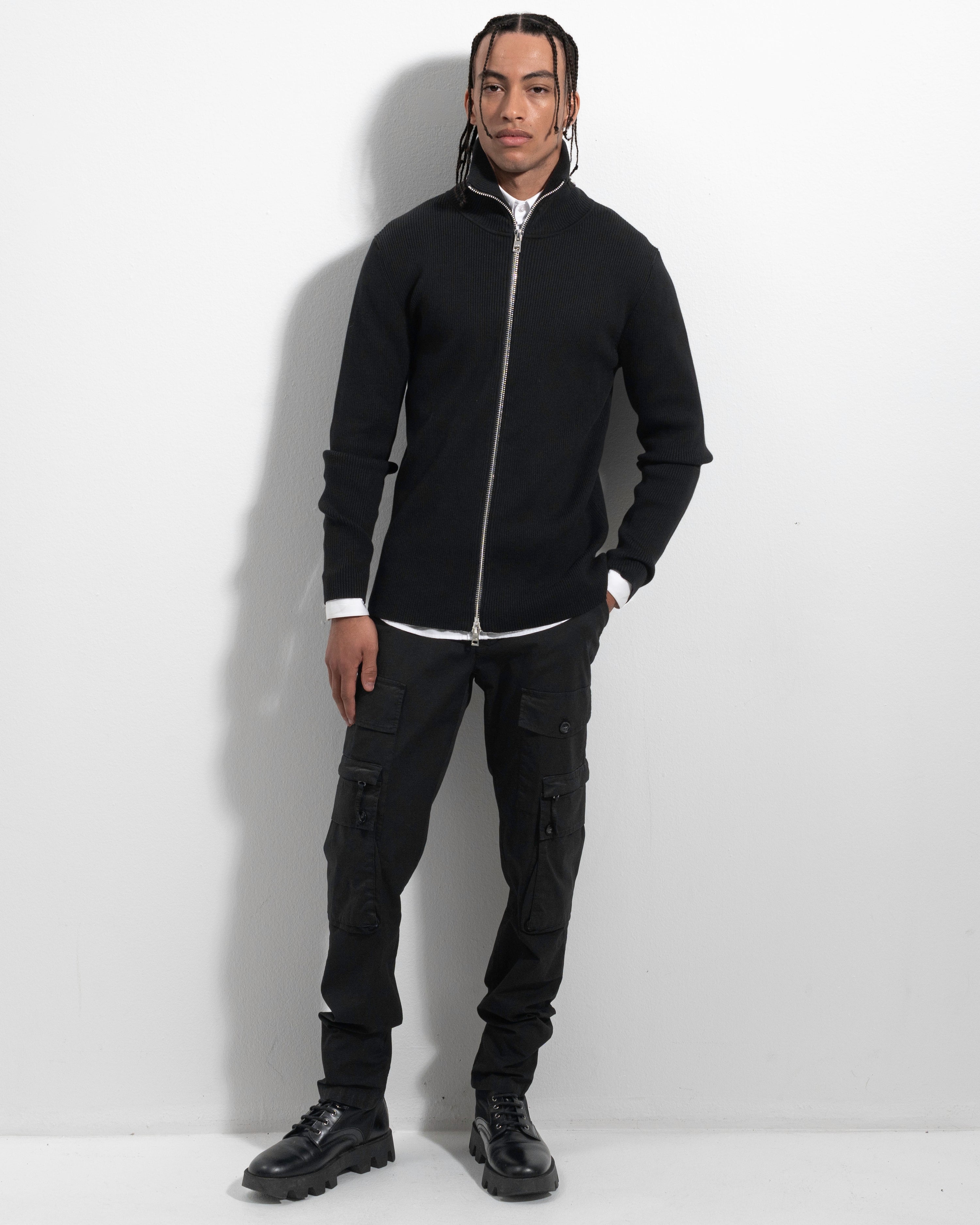 Rib Zip Cardigan - Black