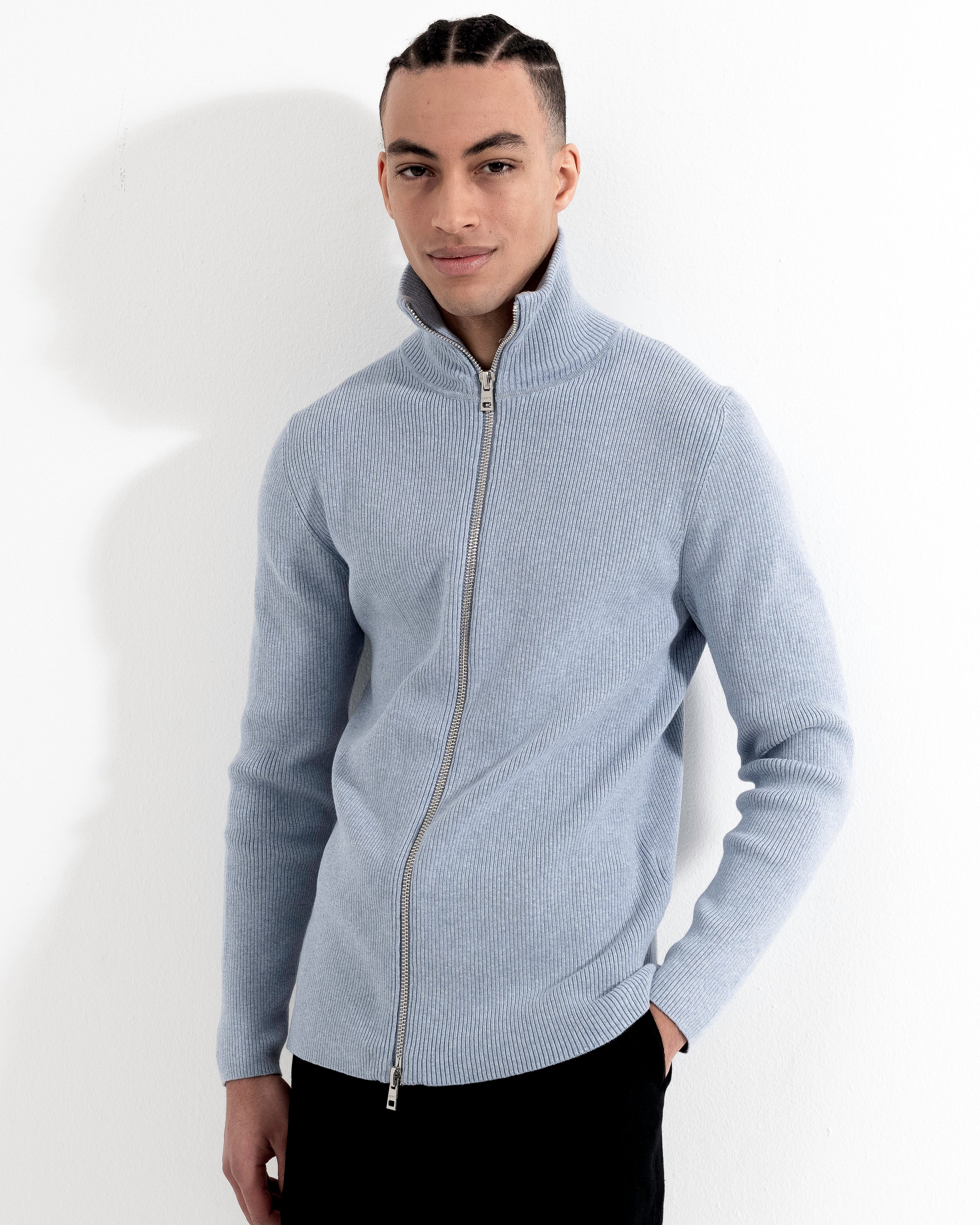 Rib Zip Cardigan - Ice Blue Mel