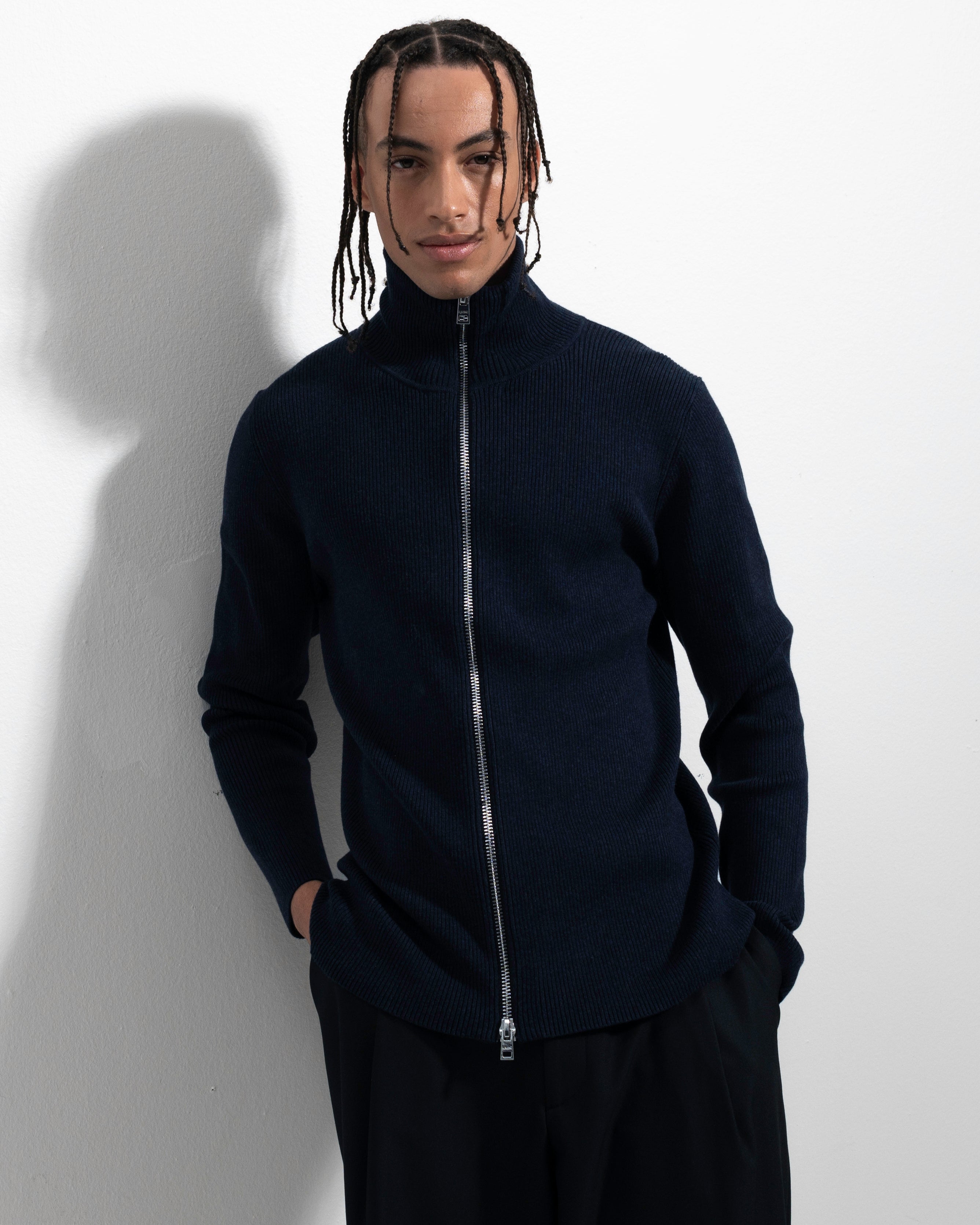 Rib Zip Cardigan - Navy Mel