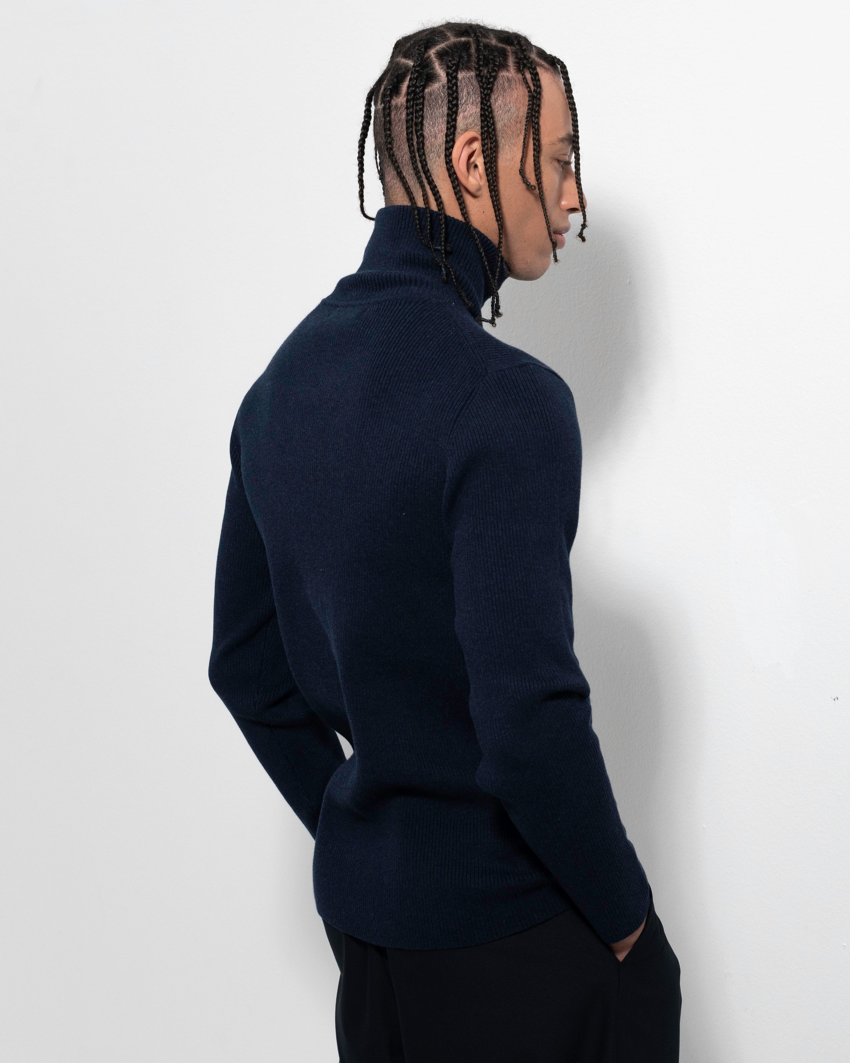 Rib Zip Cardigan - Navy Mel