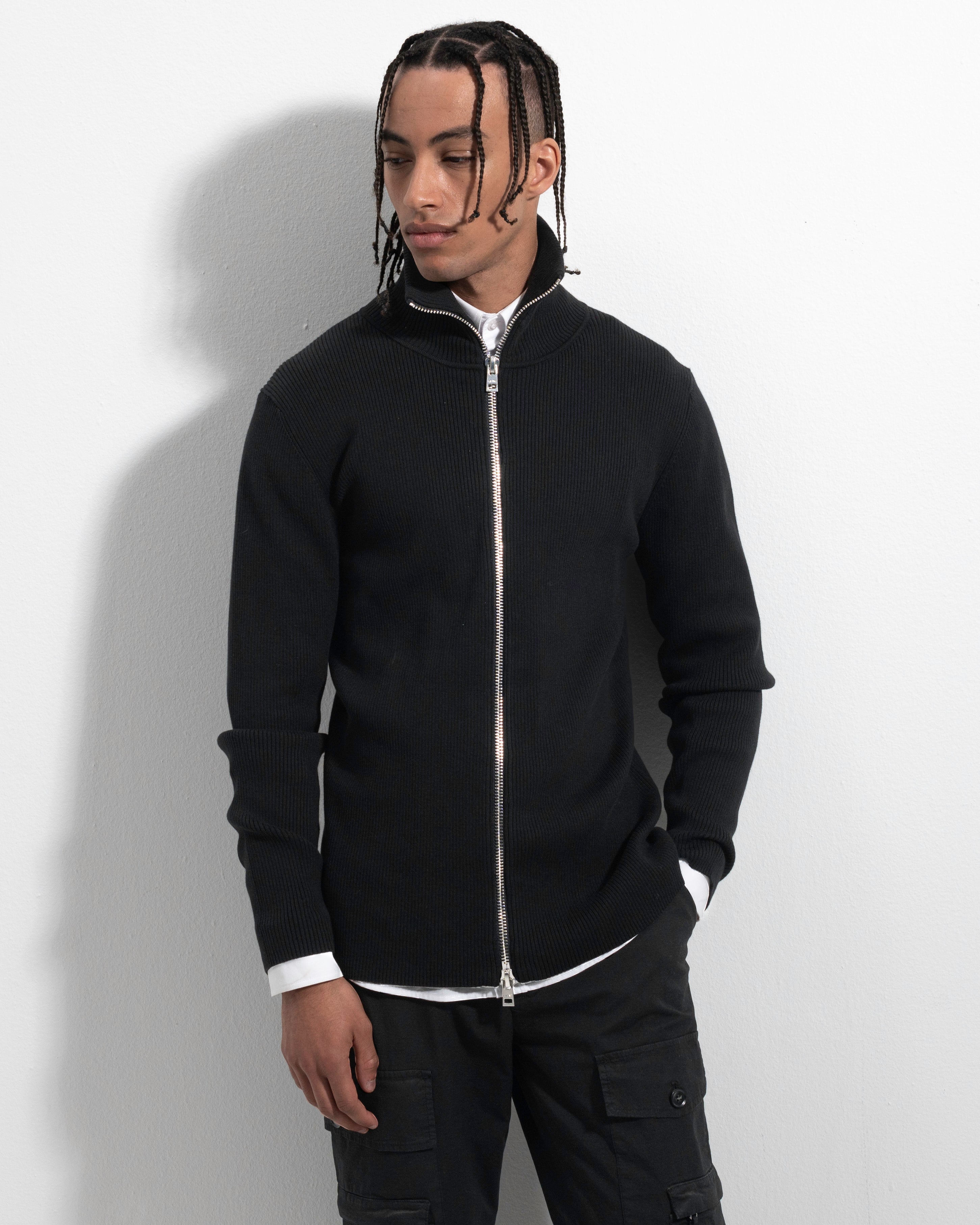 Rib Zip Cardigan - Black