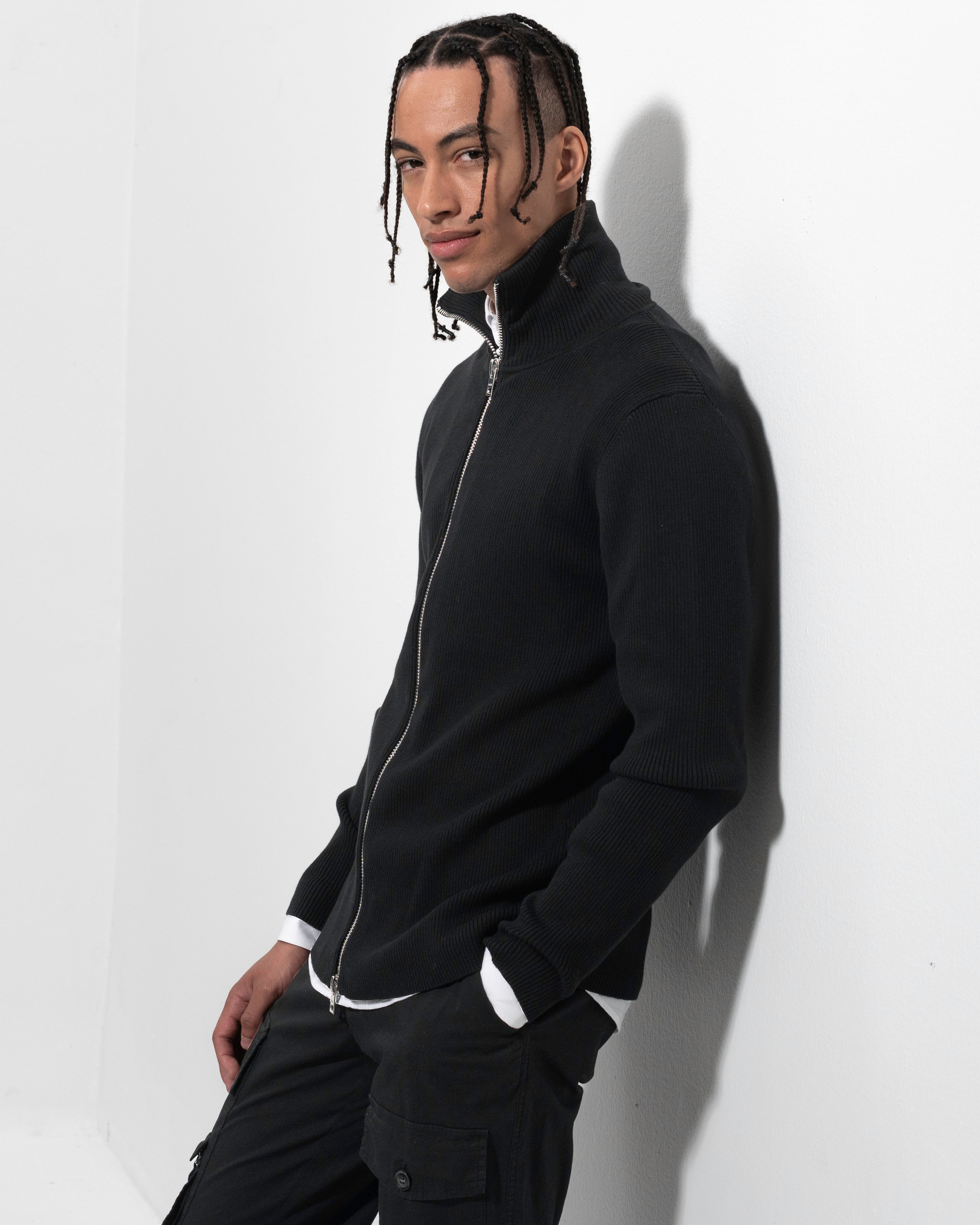 Rib Zip Cardigan - Black