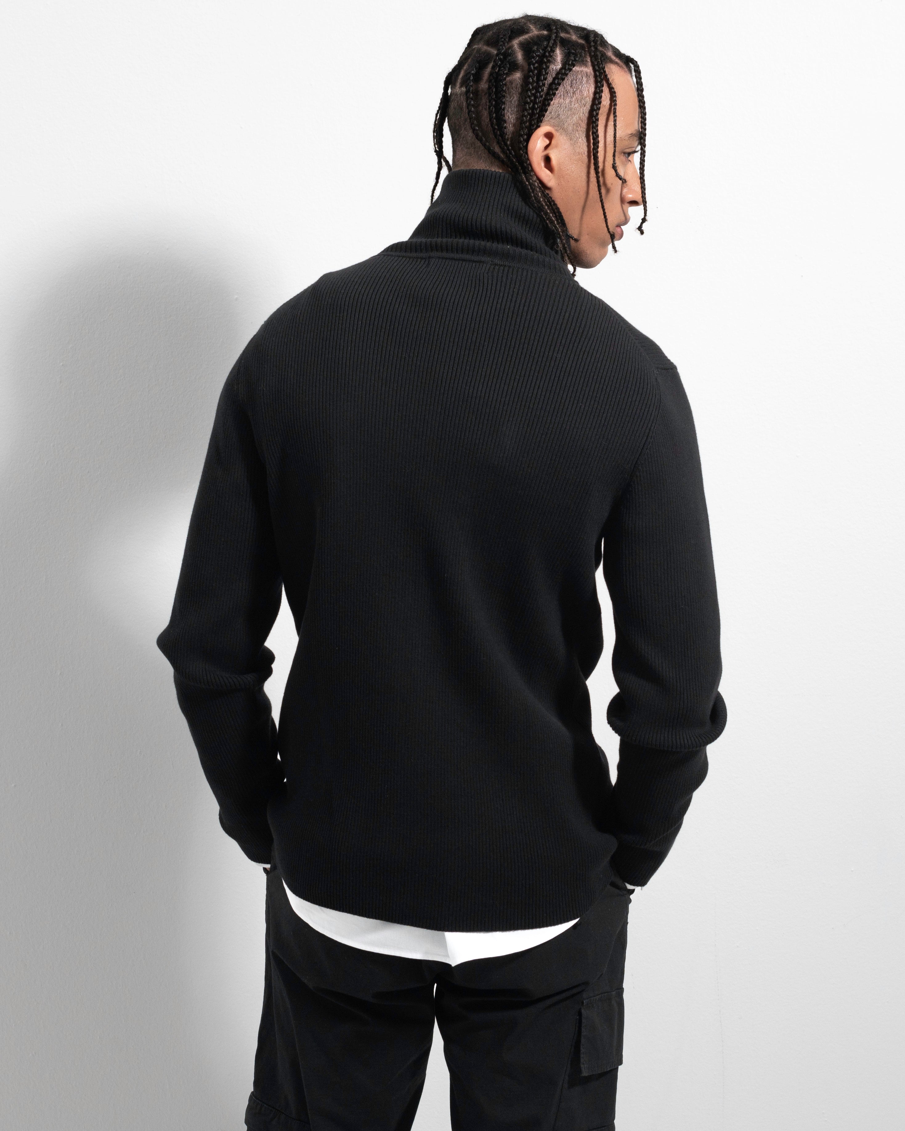 Rib Zip Cardigan - Black