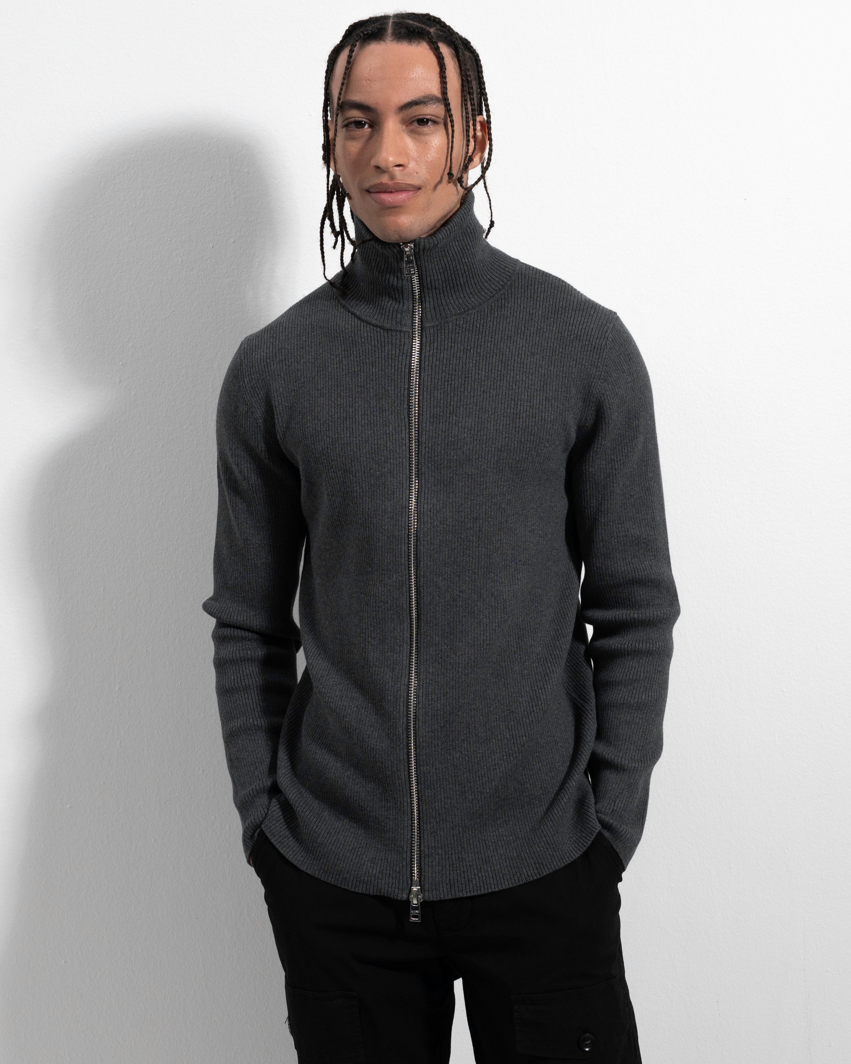 Rib Zip Cardigan - Mid Grey Mel