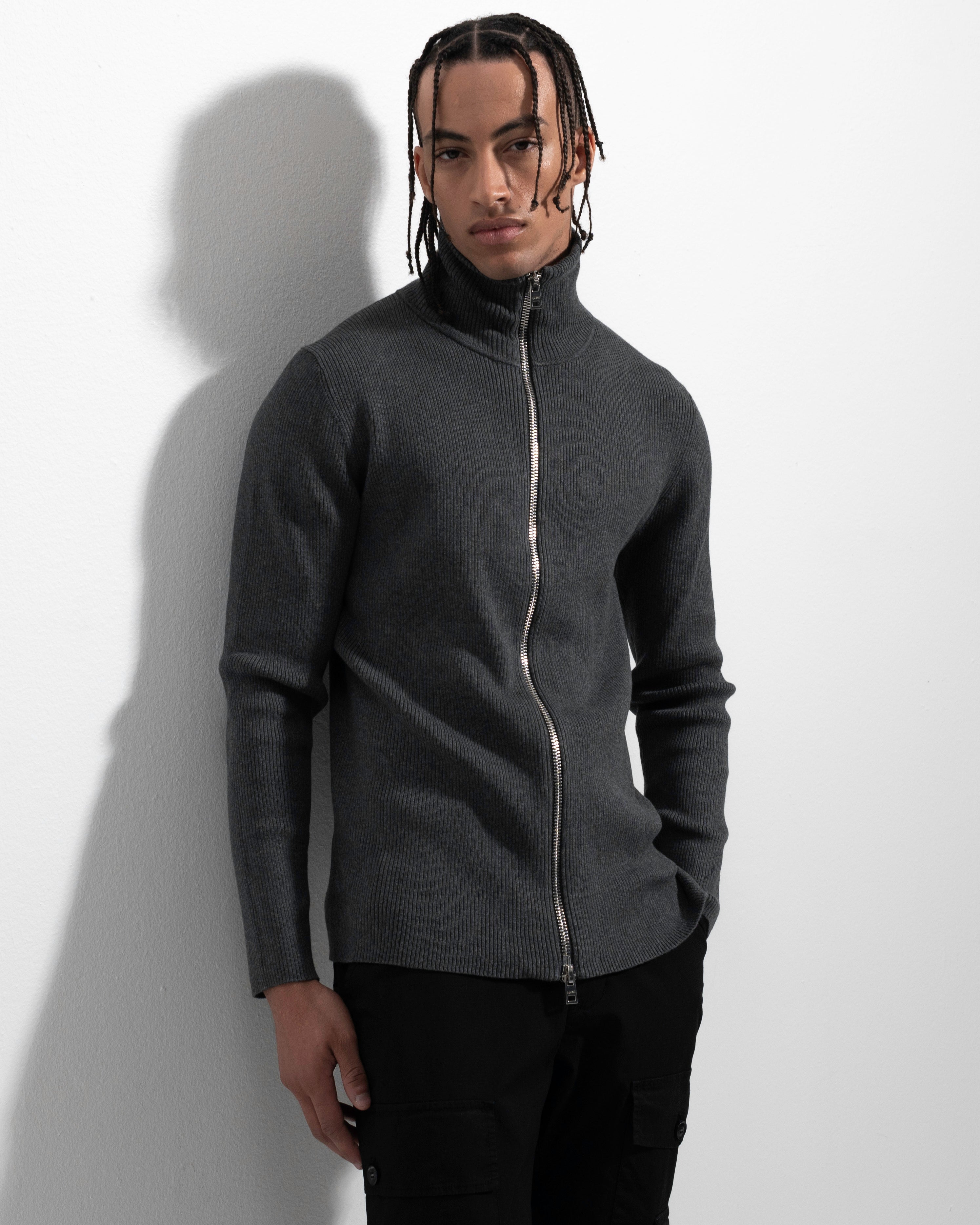 Rib Zip Cardigan - Mid Grey Mel