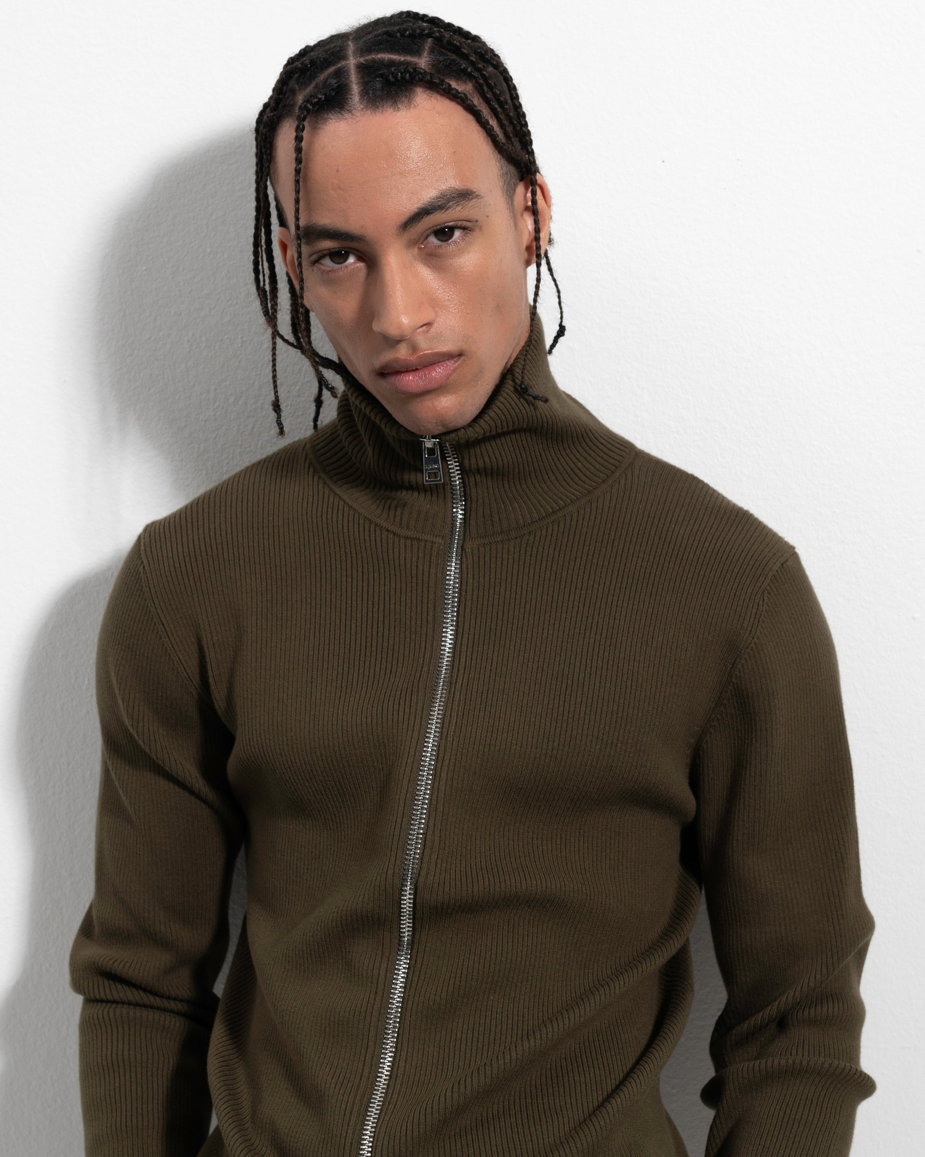 Rib Zip Cardigan - Olive Green