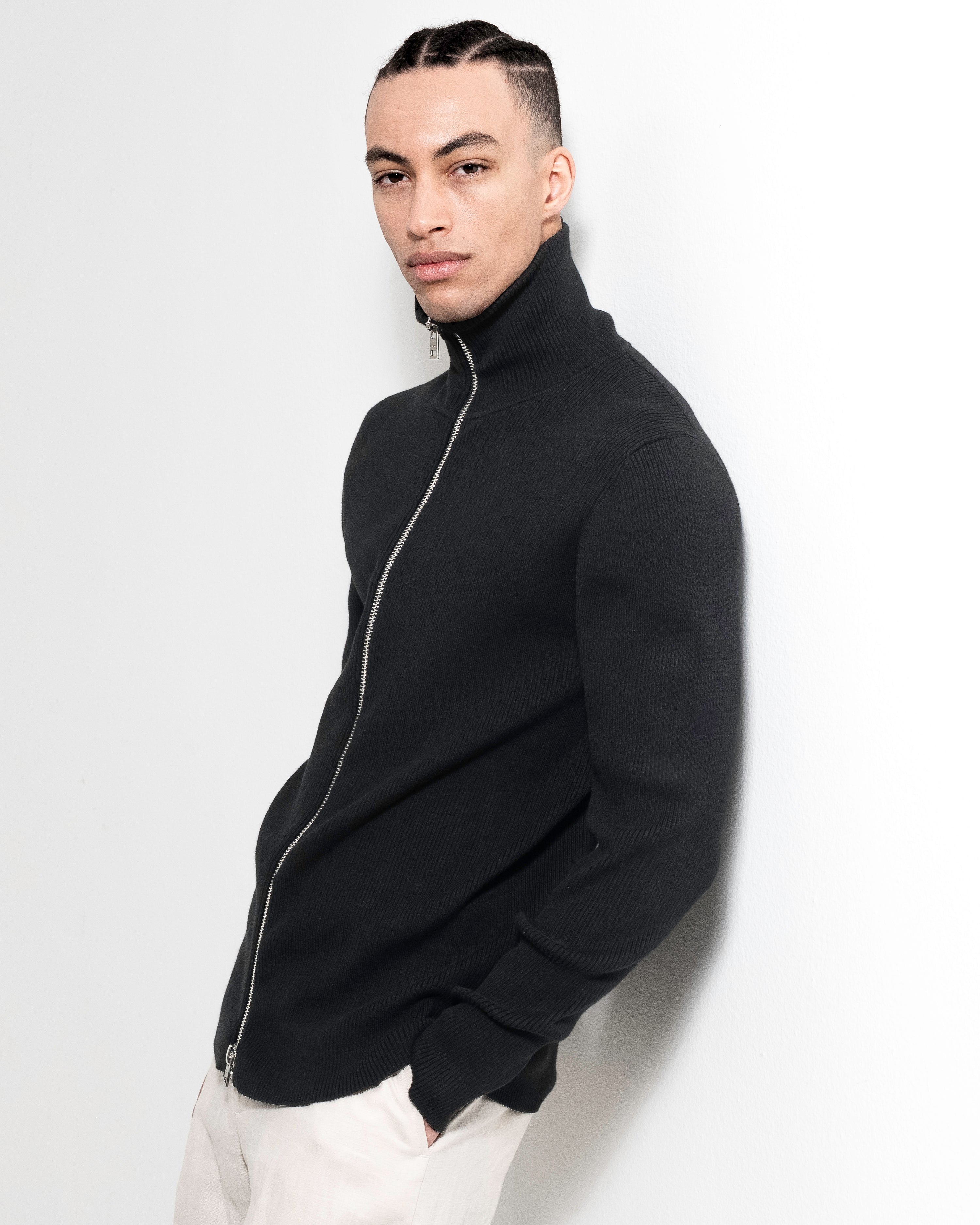 Rib Zip Cardigan - Black