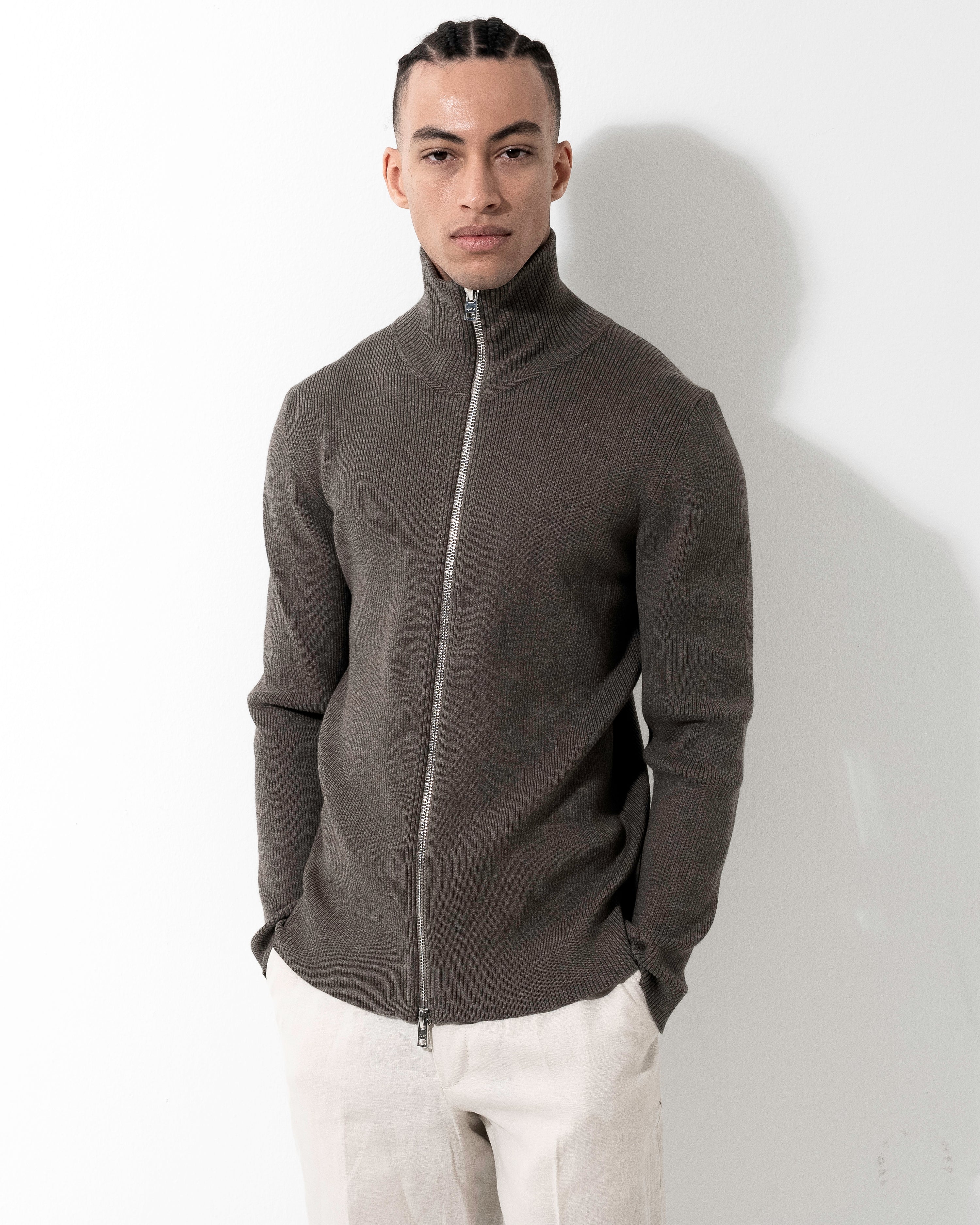 Rib Zip Cardigan - Chestnut Mel