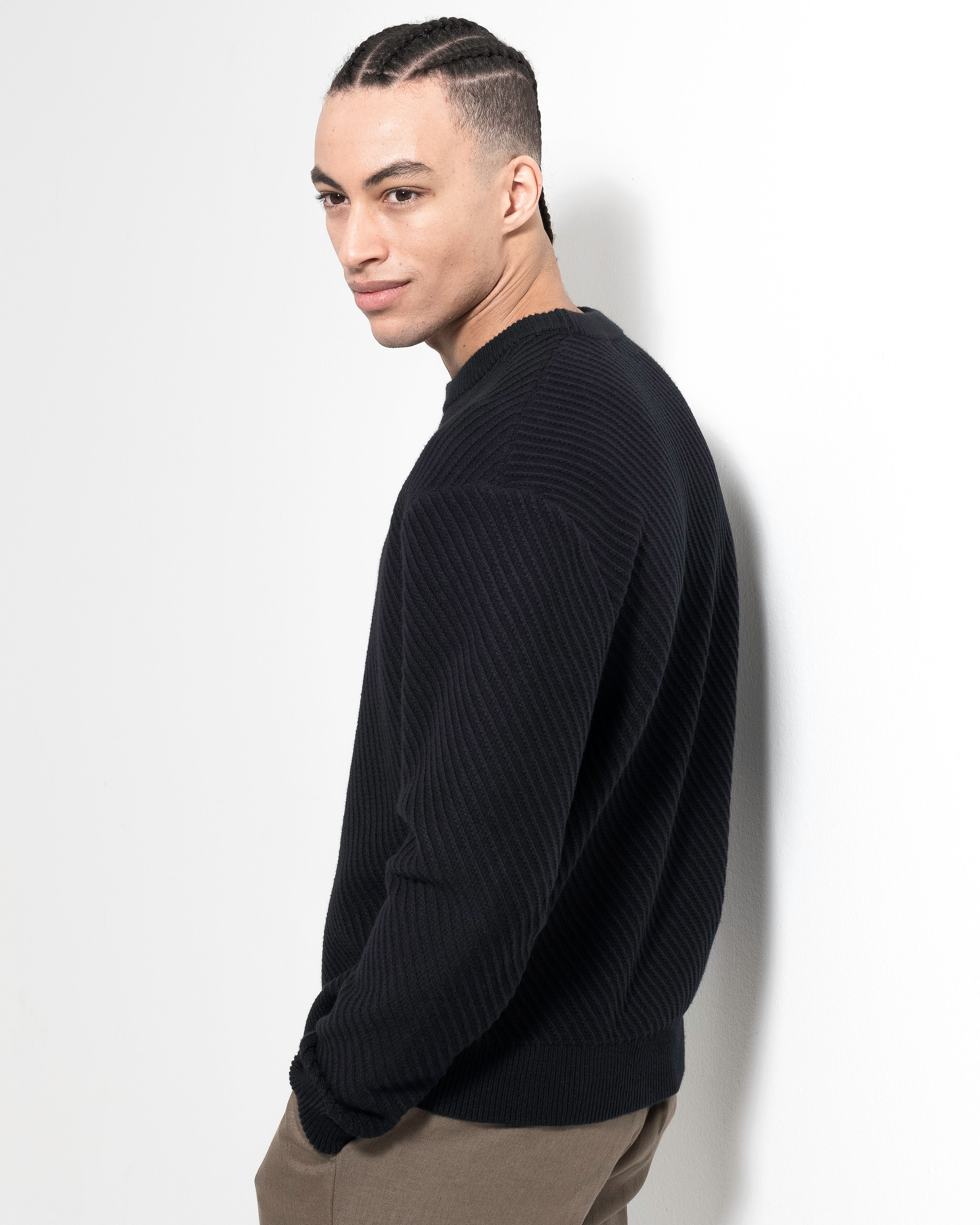 Diagonal Rib Crewneck - Black