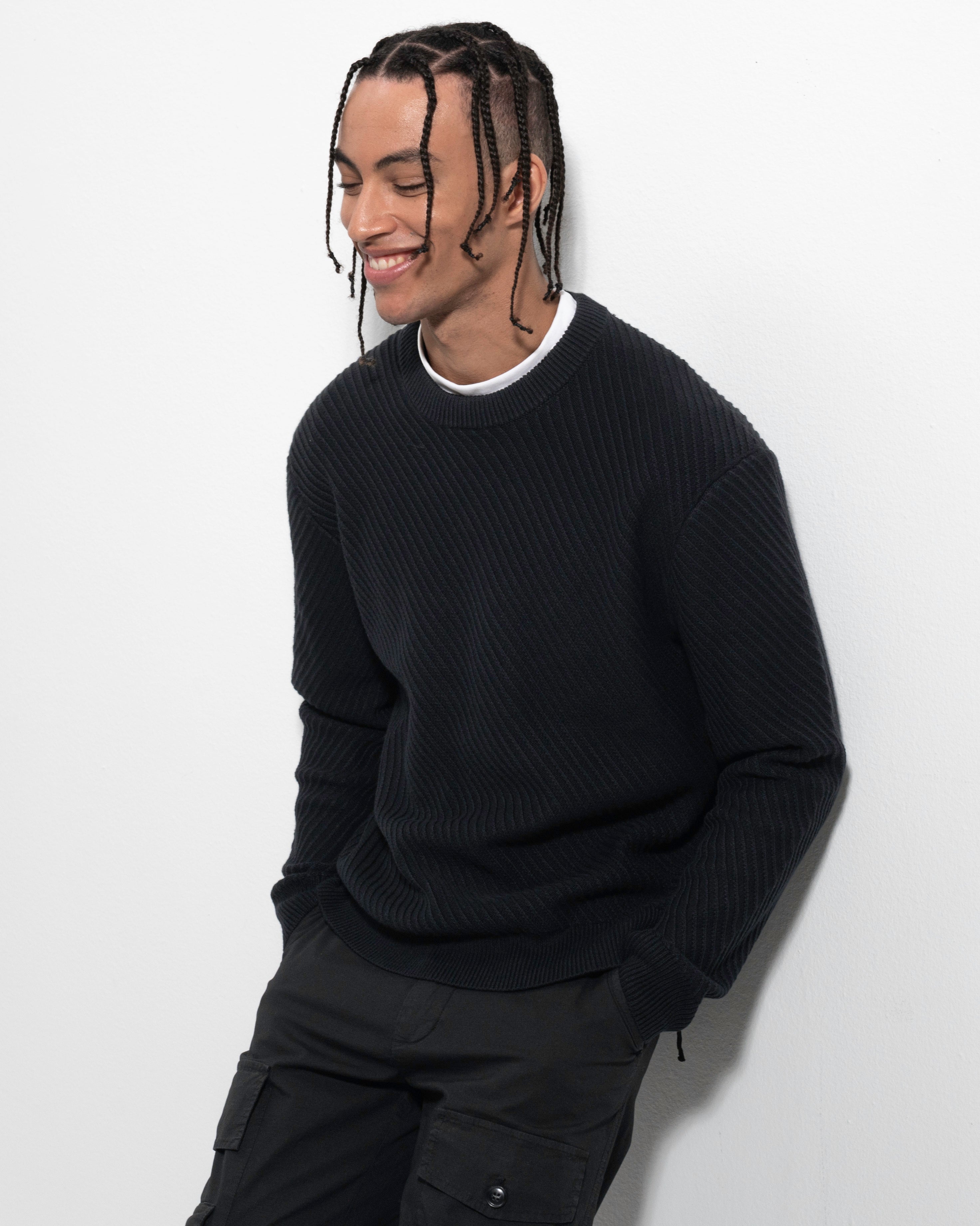 Diagonal Rib Crewneck - Black