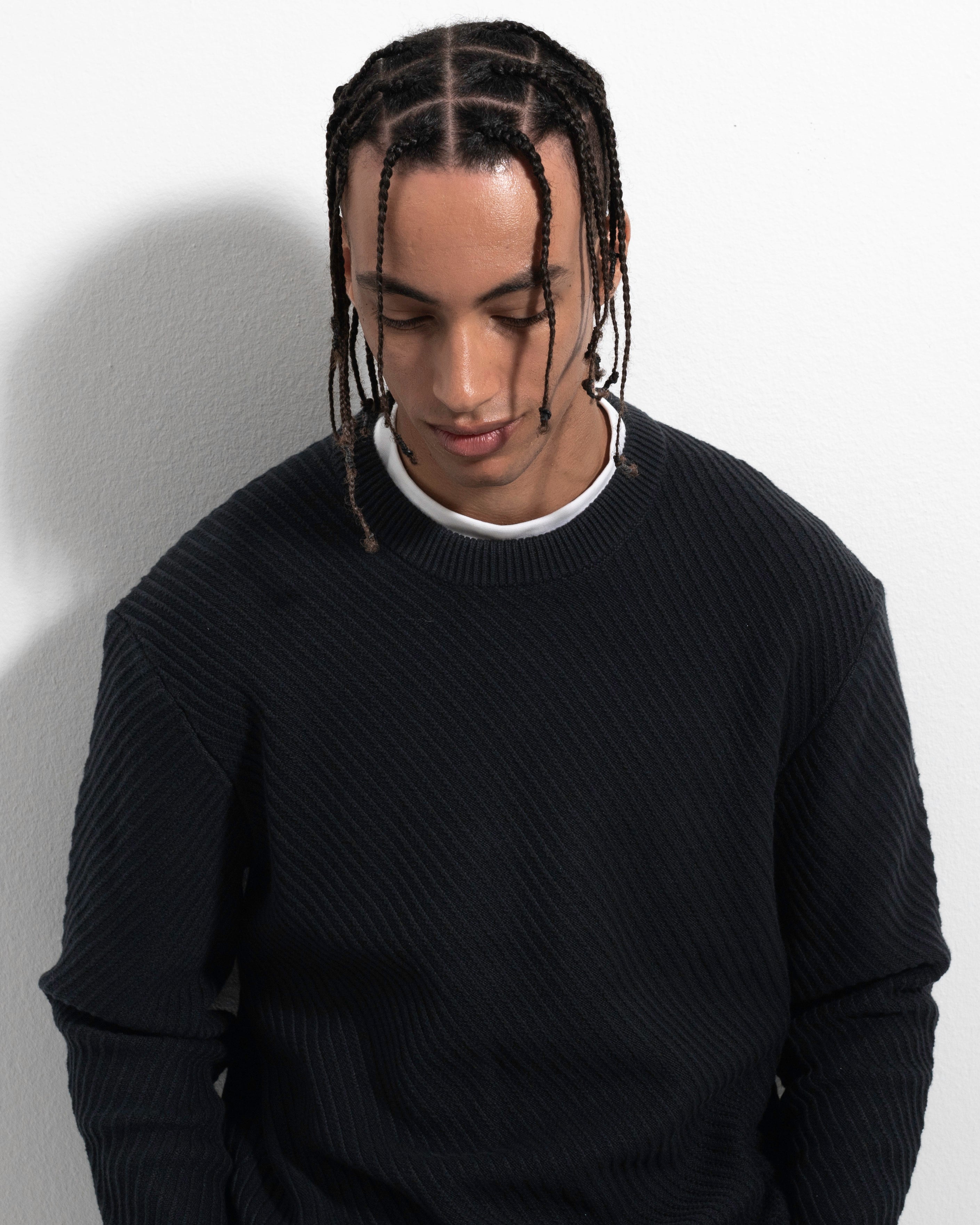 Diagonal Rib Crewneck - Black