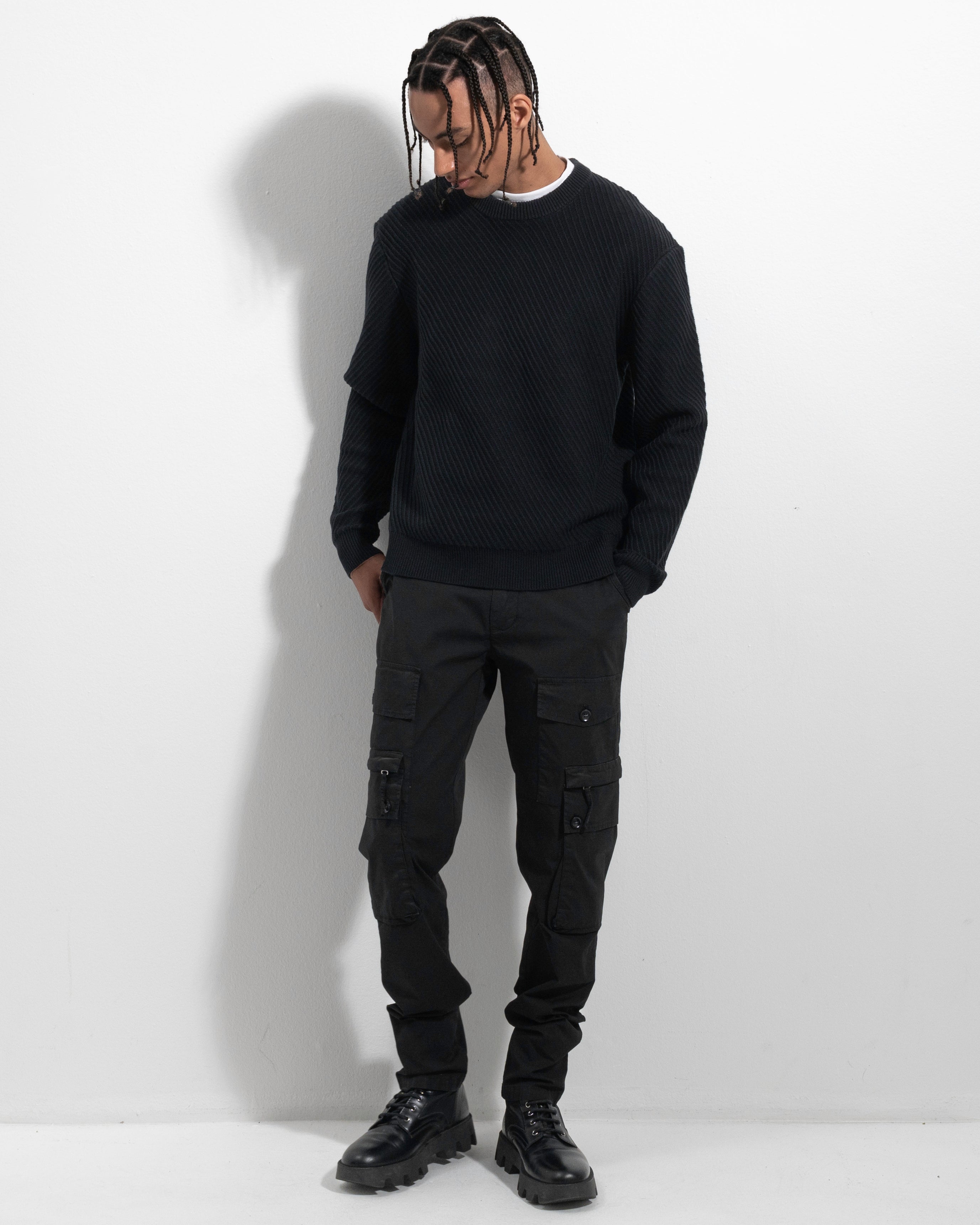 Diagonal Rib Crewneck - Black