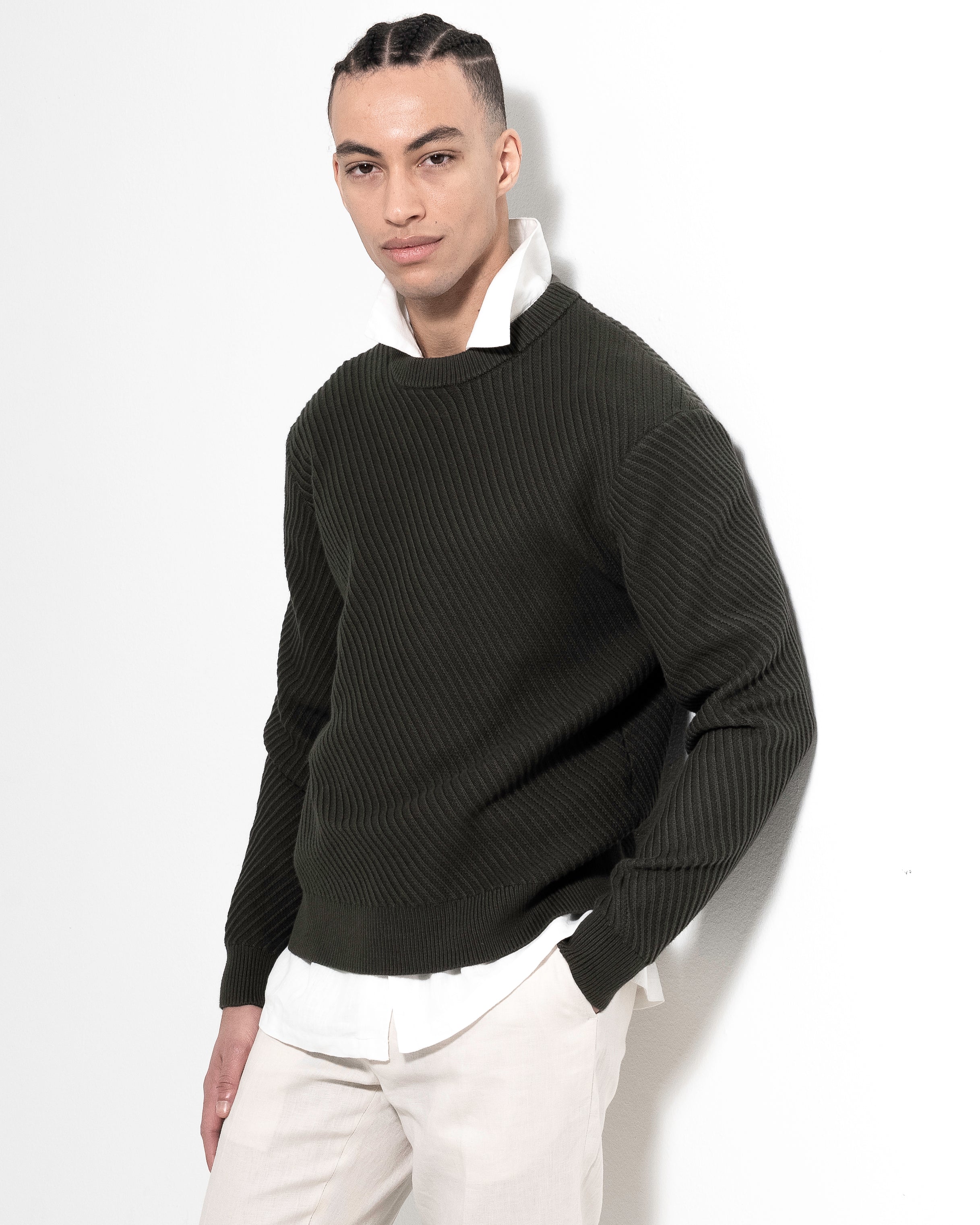 Diagonal Rib Crewneck - Dark Olive Green