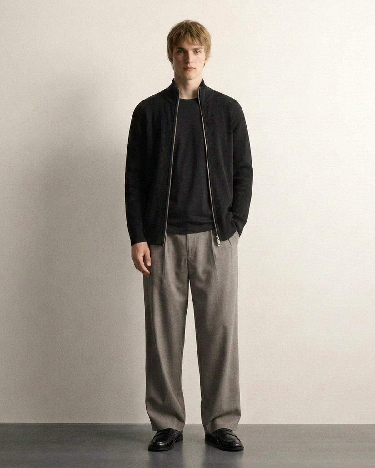 Rib Zip Cardigan - Black