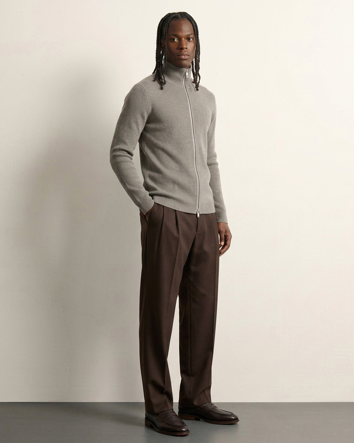 Rib Zip Cardigan - Clay Mel