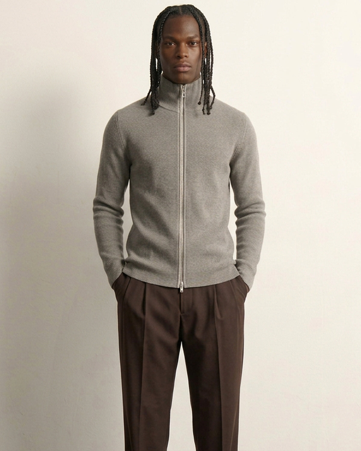 Rib Zip Cardigan - Clay Mel